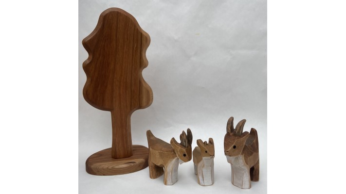 Goats, set of three, carved in wood, figurine, decoration